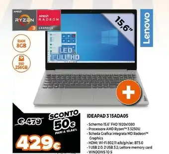 Expert Lenovo IdeaPad 3 15ADA05 Computer Portatile 39,6 Cm (15.6") 1920 X 1080 Pixel AMD Ryzen 3 8 GB DDR4-SDRAM 512 GB SSD Wi-Fi 5 offerta