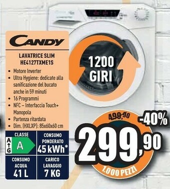 Unieuro Candy Lavatrice Slim HE4127TXME1S offerta