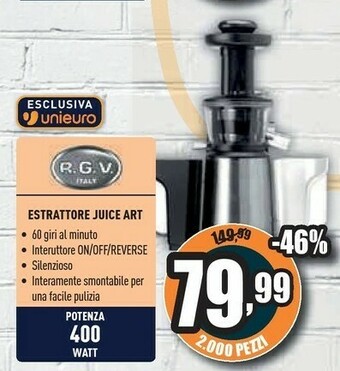 Unieuro RGV Juice Art New Estrattore Di Succo Nero, Acciaio Inossidabile 400 W offerta