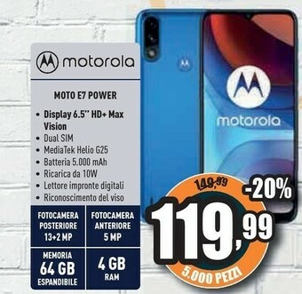 Unieuro Motorola Moto E7 Power 16,5 Cm (6.5") Dual SIM Ibrida Android 10.0 4G USB Tipo-C 4 GB 64 GB 5000 MAh Blu offerta