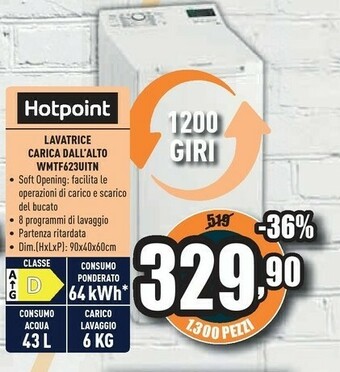 Unieuro Hotpoint WMTF 623U IT/N Lavatrice Libera Installazione Caricamento Dall'alto 6 Kg 1200 Giri/min D Bianco offerta