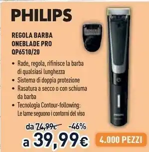 Unieuro Philips OneBlade Pro Rade, Regola, Rifinisce offerta