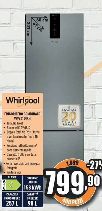 Unieuro Whirlpool W9 941D IX H Frigorifero Con Congelatore Libera Installazione 348 L C Acciaio Inossidabile offerta