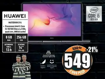 Unieuro Huawei MateBook D14 DDR4-SDRAM Computer Portatile 35,6 Cm (14") 1920 X 1080 Pixel Intel® Core™ I5 Di Decima Generazione 8 GB offerta