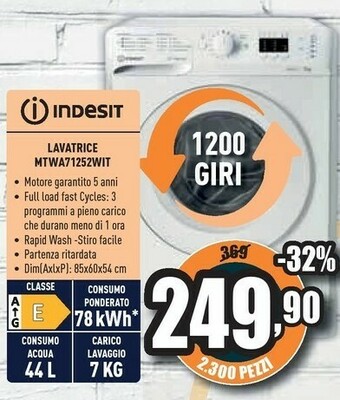 Unieuro Indesit MTWA 71252 W IT Lavatrice Libera Installazione Caricamento Frontale 7 Kg 1200 Giri/min E Bianco offerta