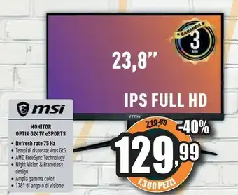 Unieuro Msi G241V 60,5 Cm (23.8") 1920 X 1080 Pixel Full HD LCD Nero offerta