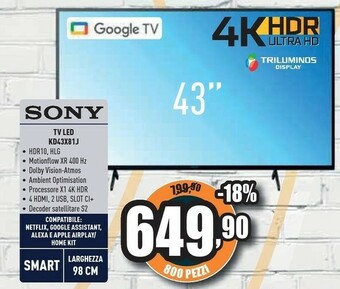 Unieuro Sony BRAVIA KD43X81J - Smart Tv 43 Pollici, 4k Ultra HD LED, HDR, Con Google TV (Nero, Modello 2021) offerta