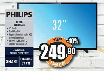 Unieuro Philips 6600 Series 32PHS6605/12 TV 81,3 Cm (32") HD Smart TV Wi-Fi Nero offerta