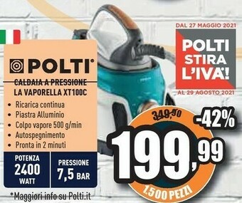 Unieuro Polti La Vaporella XT100C 2400 W 1,5 L Alluminio Grigio, Turchese, Bianco offerta