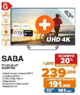 Expert Saba TV LED 4K 43" SA43K77A11 offerta