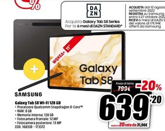 MediaWorld SAMSUNG Galaxy Tab S8 Wi-fi 128 GB offerta