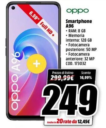 MediaWorld oppo Smartphone A96 offerta