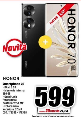 MediaWorld Honor Smartphone 70 offerta