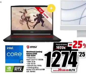 MediaWorld msi Notebook Gaming Katana GF66 11UG - 8331T offerta