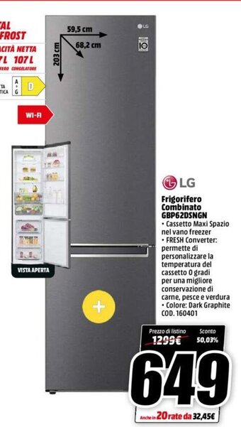 MediaWorld LG Frigorifero Combinato GBP62DSNGN offerta