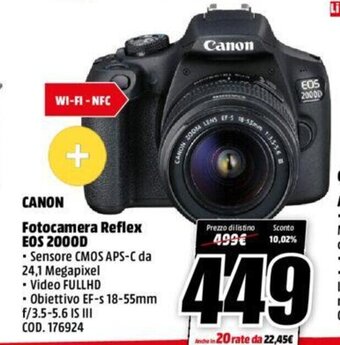 MediaWorld Canon Fotocamera Reflex EOS 2000D offerta