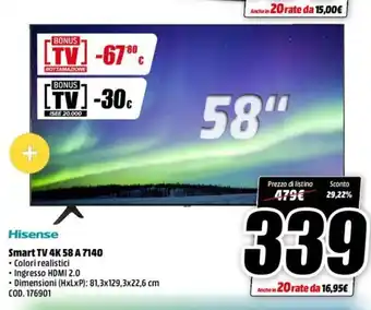 MediaWorld Hisense Smart TV 4K 58' A 7140 offerta