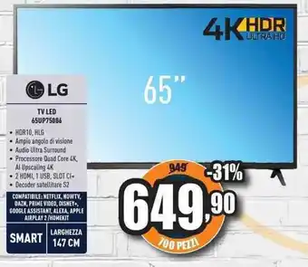 Unieuro LG TV LED 65UP75006 offerta