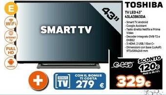 Expert Toshiba 43LA3B63DA TV 109,2 Cm (43") Full HD Smart TV Wi-Fi Nero offerta