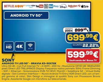 Euronics Sony android tv led 50" - bravia kd-50x72k offerta