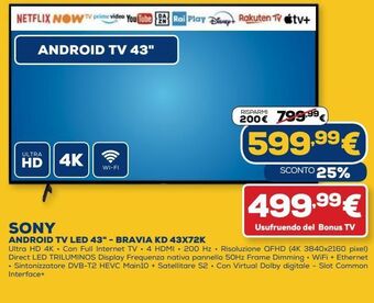 Euronics Sony android tv led 43" - bravia kd 43x72k offerta