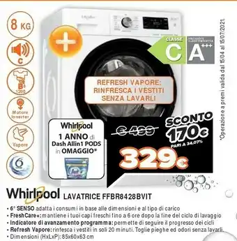 Expert Whirlpool FFB R8428 BV IT Lavatrice Libera Installazione Caricamento Frontale 8 Kg 1200 Giri/min C Bianco offerta