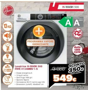 Hoover H-WASH 500 HWE 413AMBS/1-S Lavatrice Libera Installazione Caricamento Frontale 13 Kg 1400 Giri/min A Bianco
