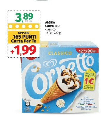 Pam Algida Cornetto Classico Con Latte Fresco Italiano Di Alta Qualità 60 G 720 G(ml) offerta