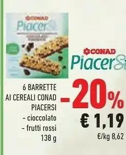Conad Conad 6 Barrette Al Cereali Piacersi Cioccolato / Frutti Rossi 138 G offerta