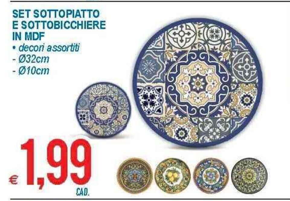 Sottobicchieri stampati in legno MDF, set da 6, diametro 9,5