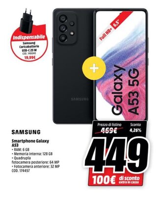 MediaWorld Samsung Smartphone Galaxy A53 offerta