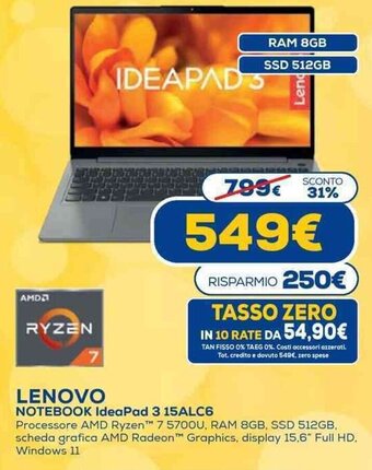 Euronics Lenovo Notebook IdeaPad 3 15AlC6 offerta