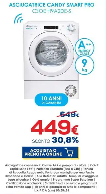 Euronics Candy Asciugatrice Smart Pro CSOE H9 A2DE-S offerta