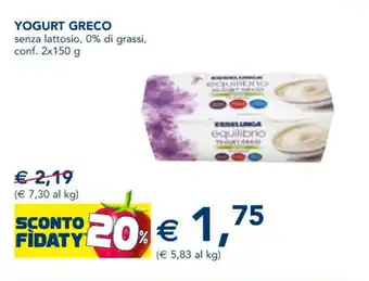 Esselunga Yogurt Greco senza lattosio , 0% di grassi, conf. 2 x 150 g offerta