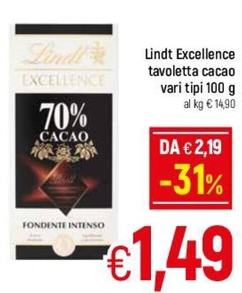 A&O Lindt Excellence Tavoletta Cacao Vari Tipi 100 g offerta
