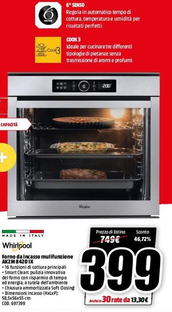 MediaWorld Whirlpool Forno Da Incasso Mulifunzione AKZM8420IX offerta