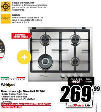 MediaWorld Whirlpool Piano Cottura A Gas 60 cm GMR 6422/IXL offerta
