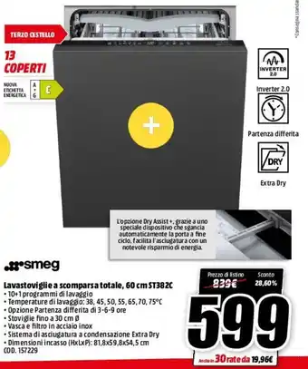 MediaWorld Smeg Lavastoviglie A Scomparsa Totale 60 cm ST382C offerta