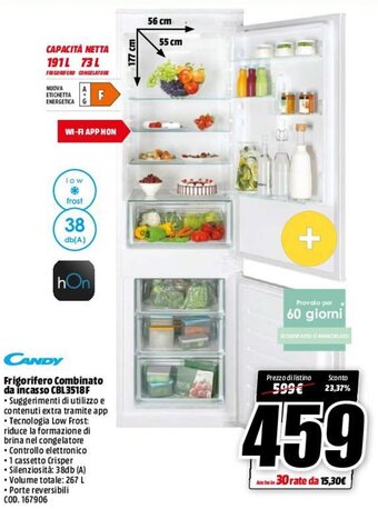 MediaWorld Candy Frigorifero Combinato Da Incasso CBL3518F offerta