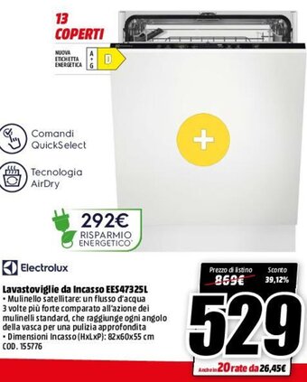 MediaWorld Electrolux Lavastoviglie Da Incasso EES47325L offerta