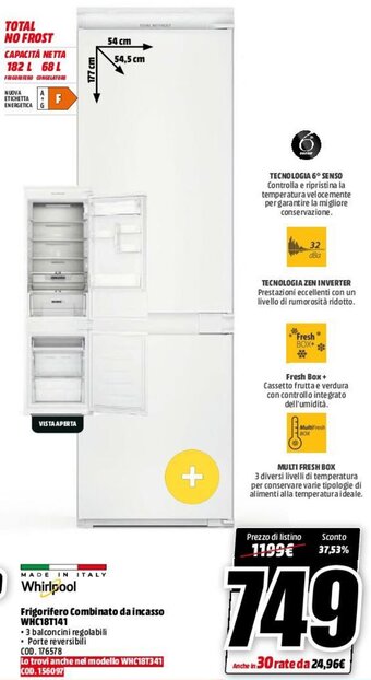 MediaWorld Whirlpool Frigorifero Combinato Da Incasso WHC18T141 offerta