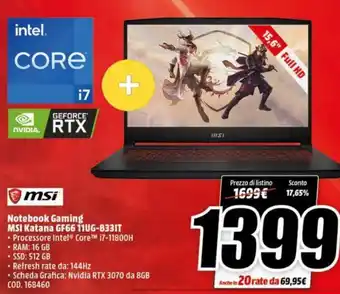 MediaWorld MSI Notebook Gaming MSI Katana GF6611UG-833IT offerta