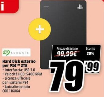 MediaWorld Seagate Hard Disk Esterno Per PS4 2TB offerta