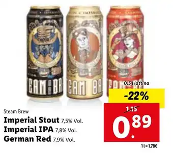 Lidl Steam Brew Imperial Stout 7,5% Vol. / Imperial IPA 7,8% Vol. / German Red 7,9% Vol. 0,5 l offerta
