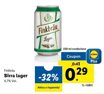 Lidl Finkbräu Birra lager 4,7% Vol. 330 ml offerta