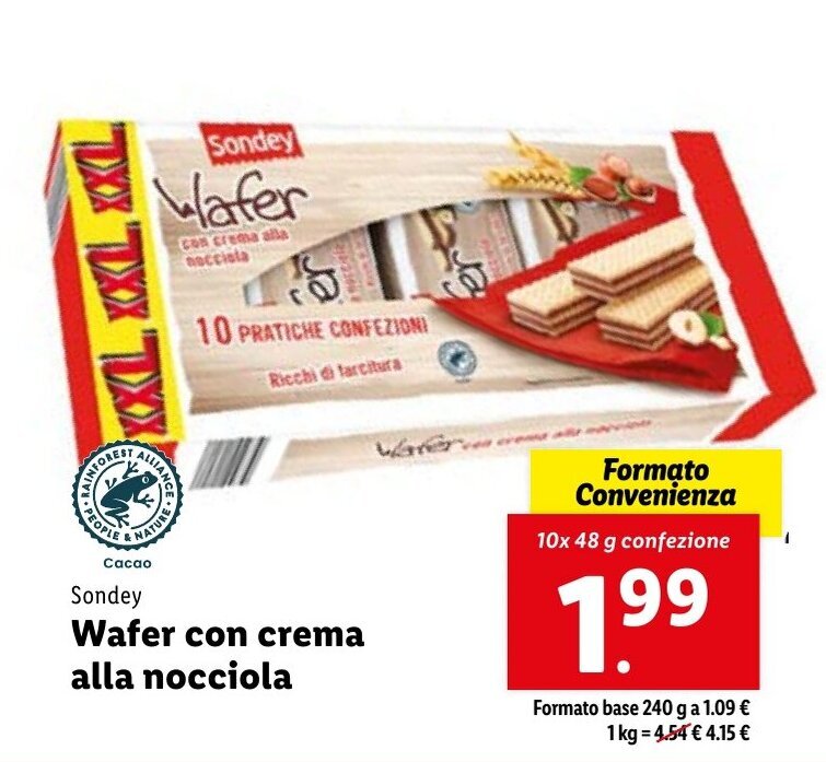 Sondey Wafer con crema alla nocciola 10x 48 g offerta di Lidl