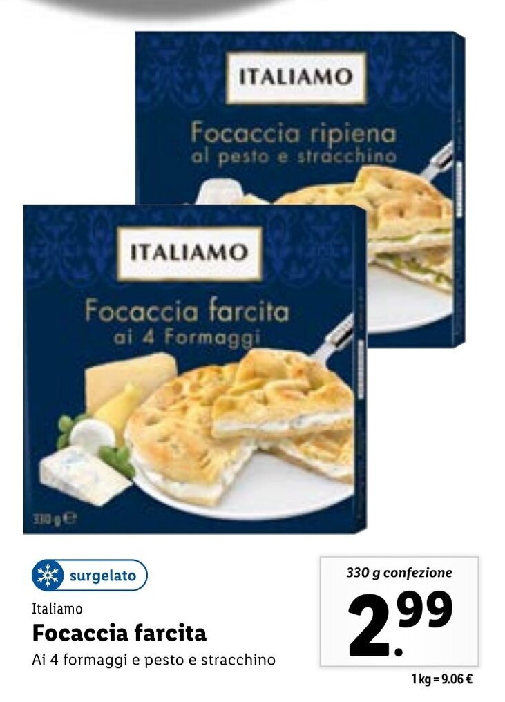 Italiamo Focaccia farcita Ai 4 formaggi e pesto e stracchino 330 g offerta di Lidl