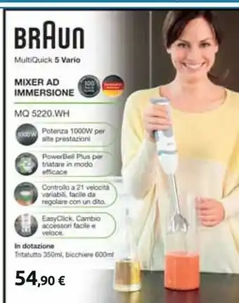 Carrefour Braun MultiQuick 9 MultiQuick 5 Vario MQ 5220 WH 0,6 L Frullatore Ad Immersione Grigio, Acciaio Inossidabile, Bianco 1000 W offerta