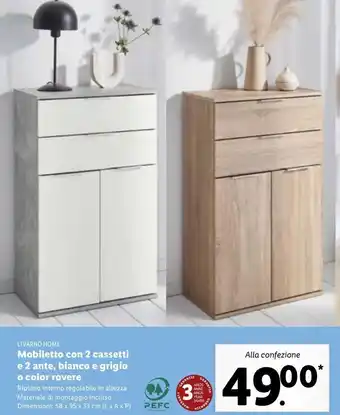 Mobiletto con 2 cassetti e 2 ante, bianco e grigio o color rovere