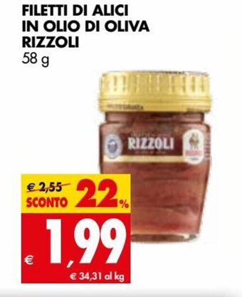 Tigros Rizzoli Filetti di Alici In Olio di Oliva 58 g offerta